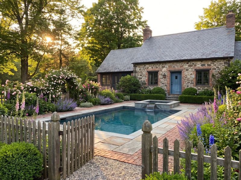 Rectangular Pool Beside Stone Cottage Garden