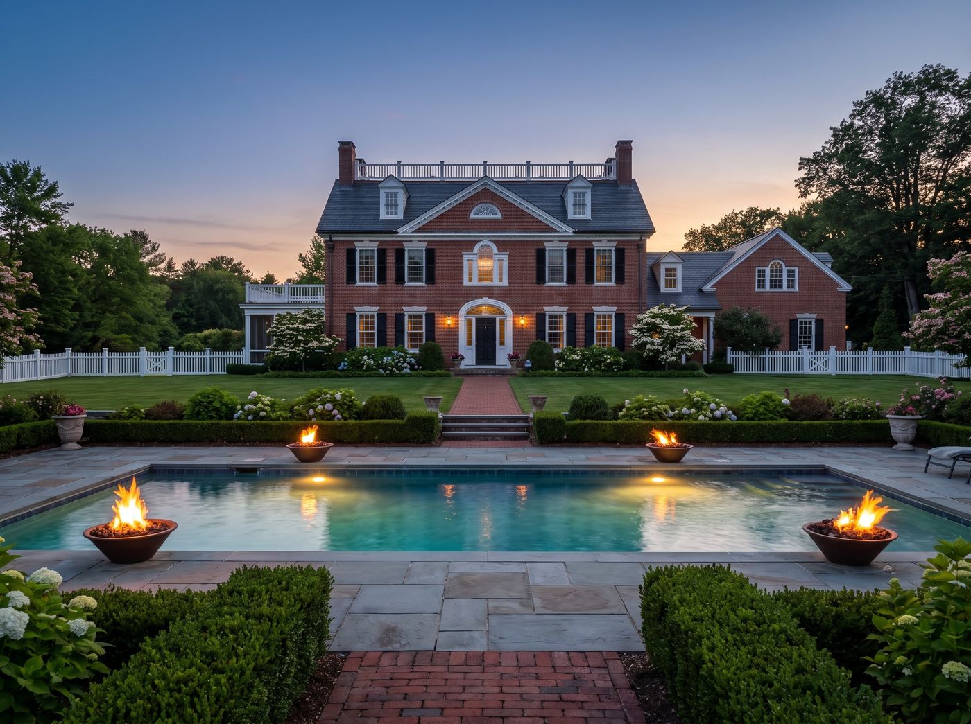Rectangular Pool Flanked by Flaming Fire Bowls