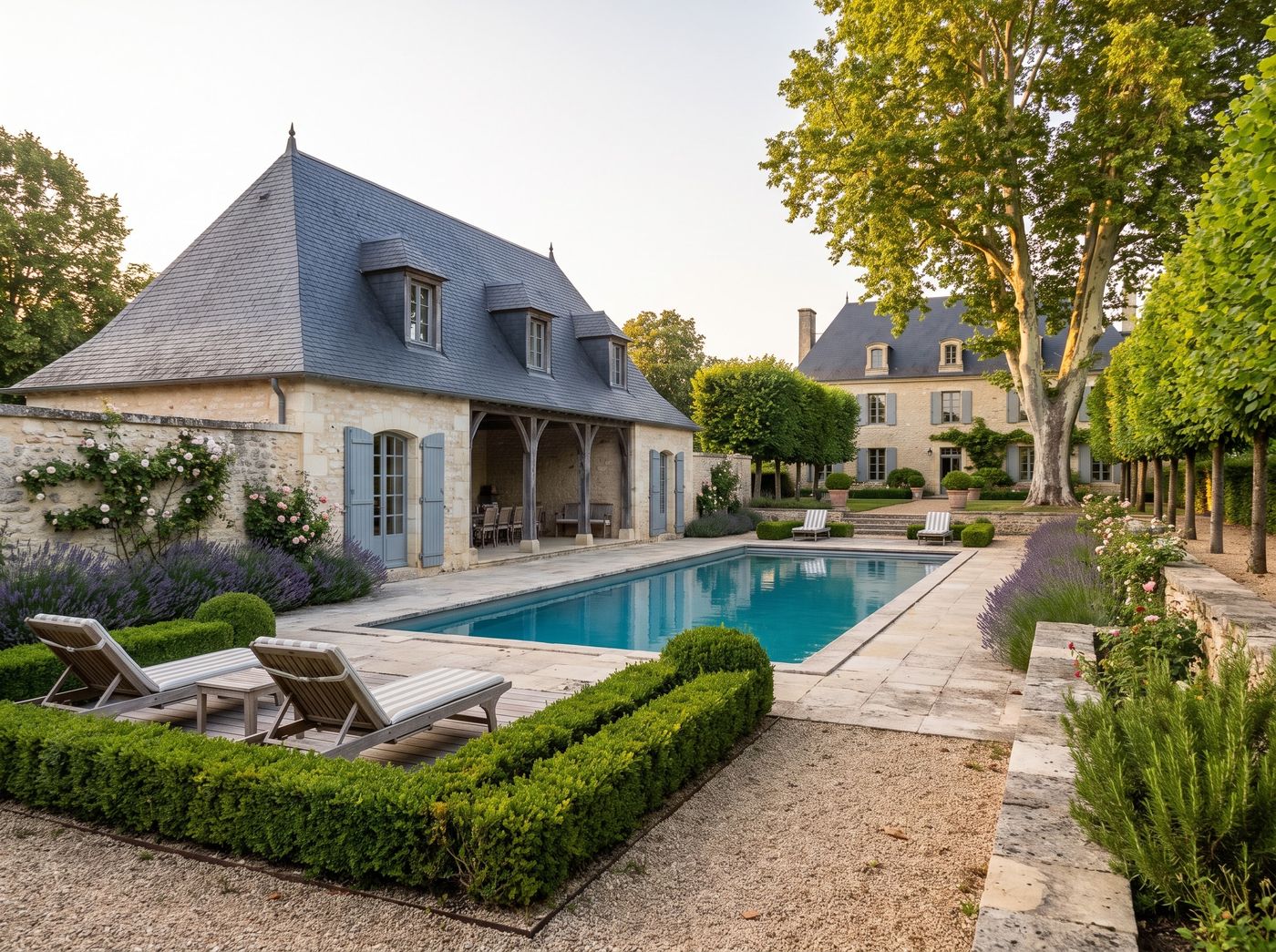 Rectangular Pool Flanked by Stone Pavilion