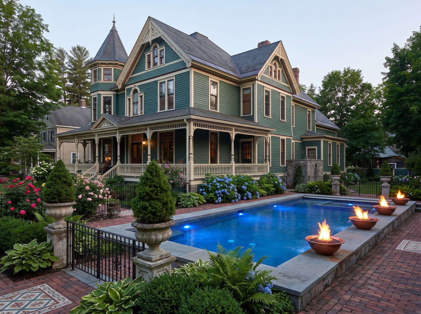 Rectangular Pool with Copper Fire Bowls