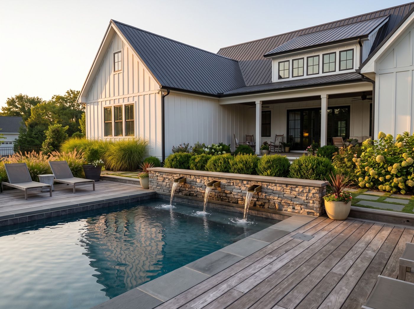 Rectangular Pool with Stacked Stone Water Wall