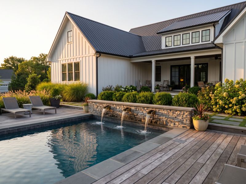 Rectangular Pool with Stacked Stone Water Wall