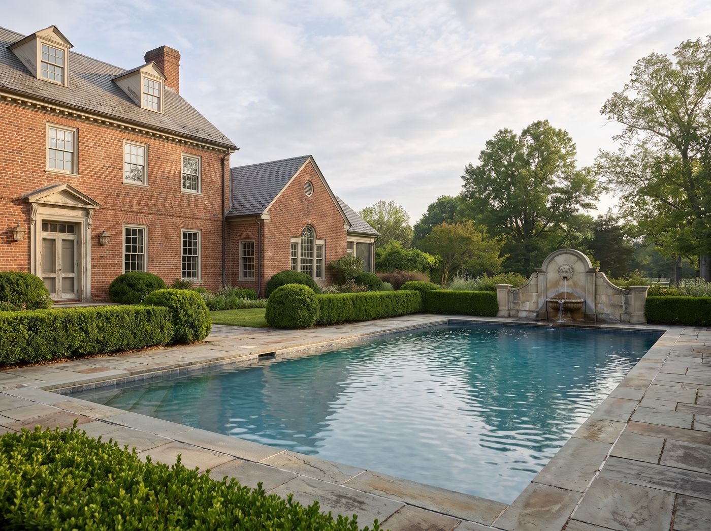 Stone Fountain by Rectangular Pool