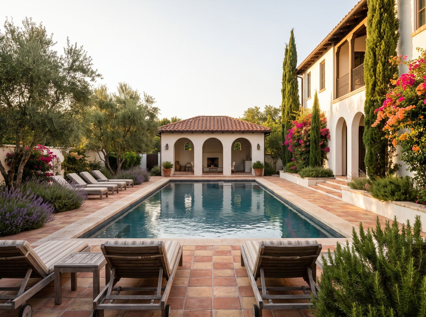 Terracotta Pool Terrace Beside Arched Pavilion