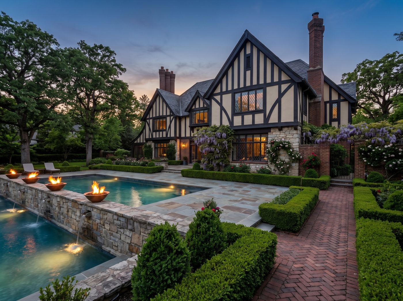 Tiered Pool with Stone Fire Bowls