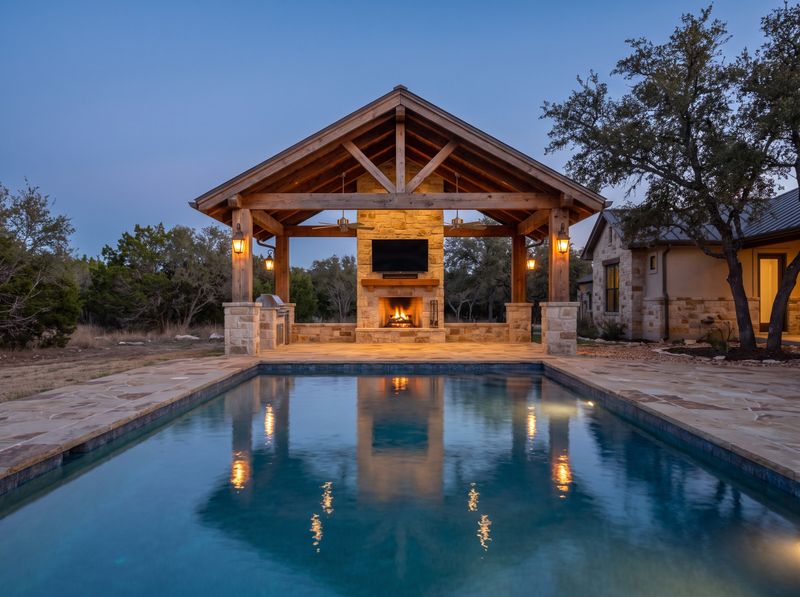 Timber Pavilion Overlooking Rectangular Pool