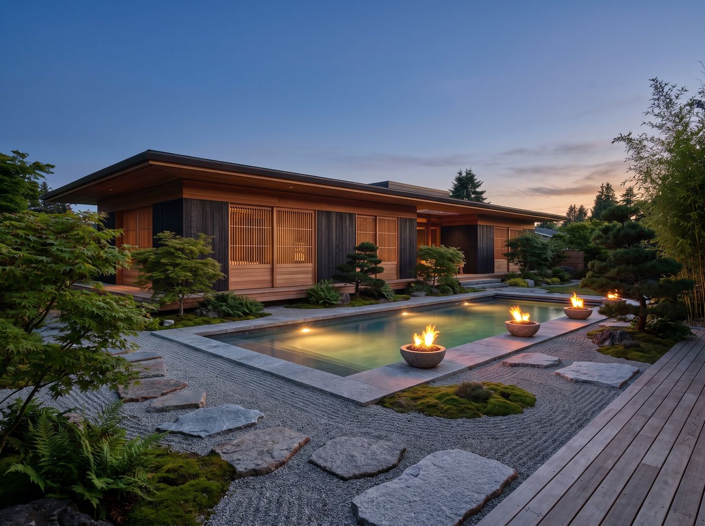Zen Garden Pool with Fire Bowls