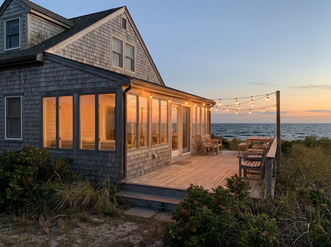 Cedar-Shingled Sunroom with String Lights