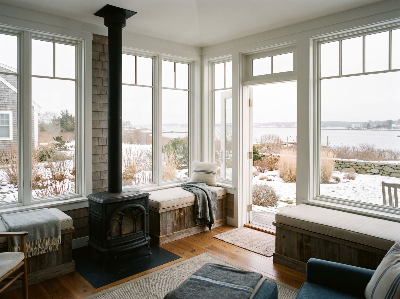 Coastal Sunroom with Wood Stove
