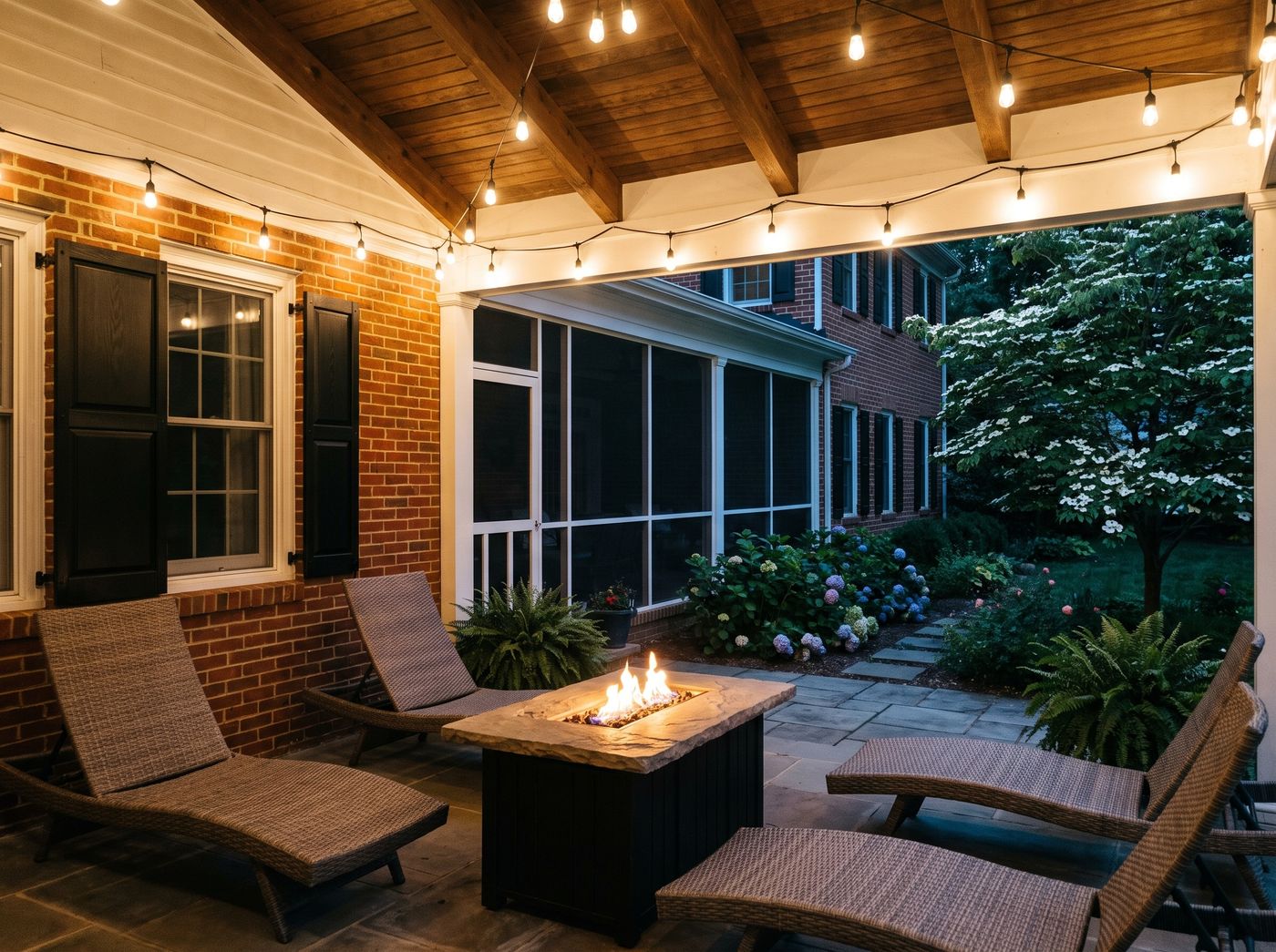 Covered Back Porch with Glowing Fire Table