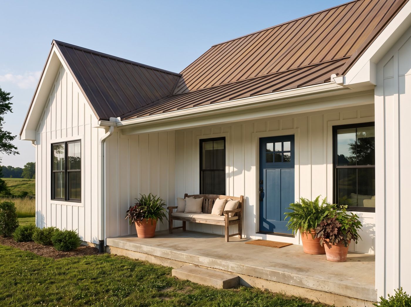 Covered Front Porch with Wooden Bench