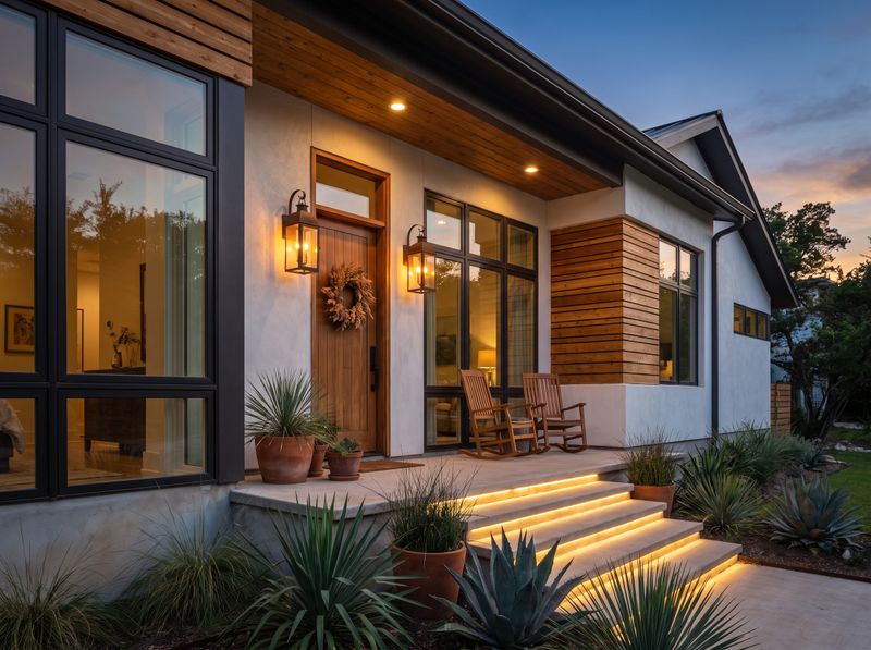 Illuminated Front Porch with Rocking Chairs