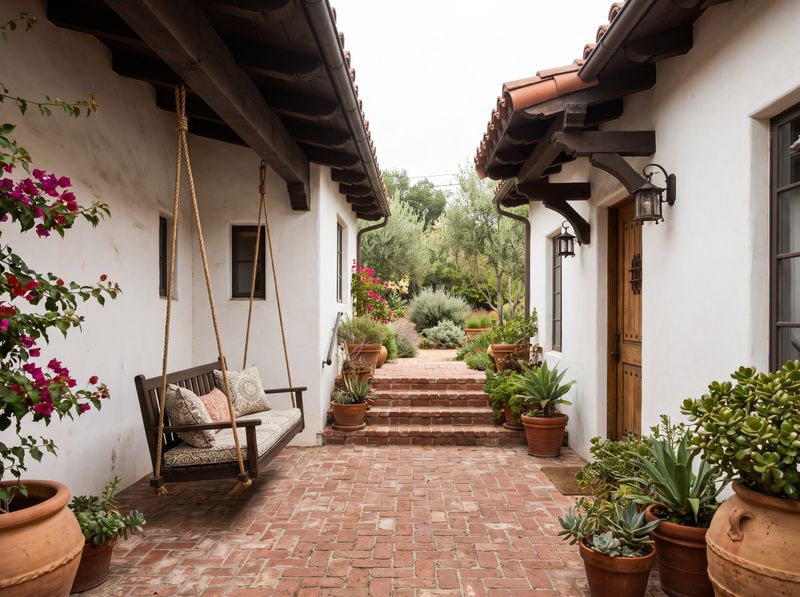 Mediterranean Back Porch with Suspended Swing