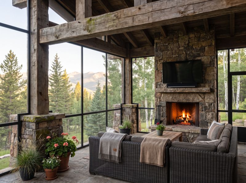 Screened Timber Porch with Stone Fireplace