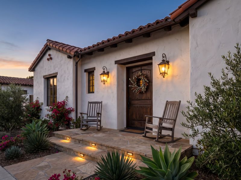 Stucco Front Porch with Glowing Lanterns