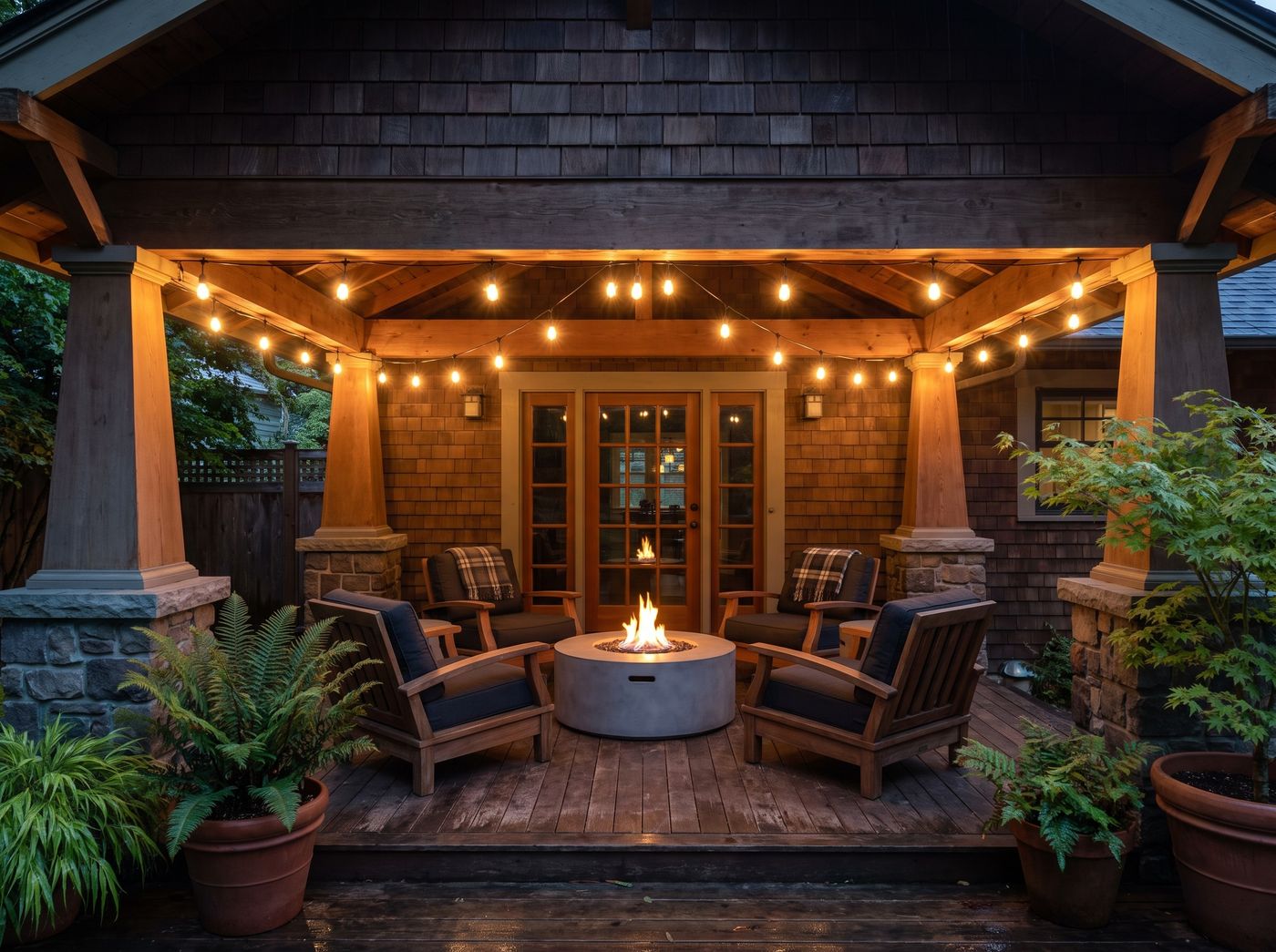 Timber Back Porch with Concrete Fire Table