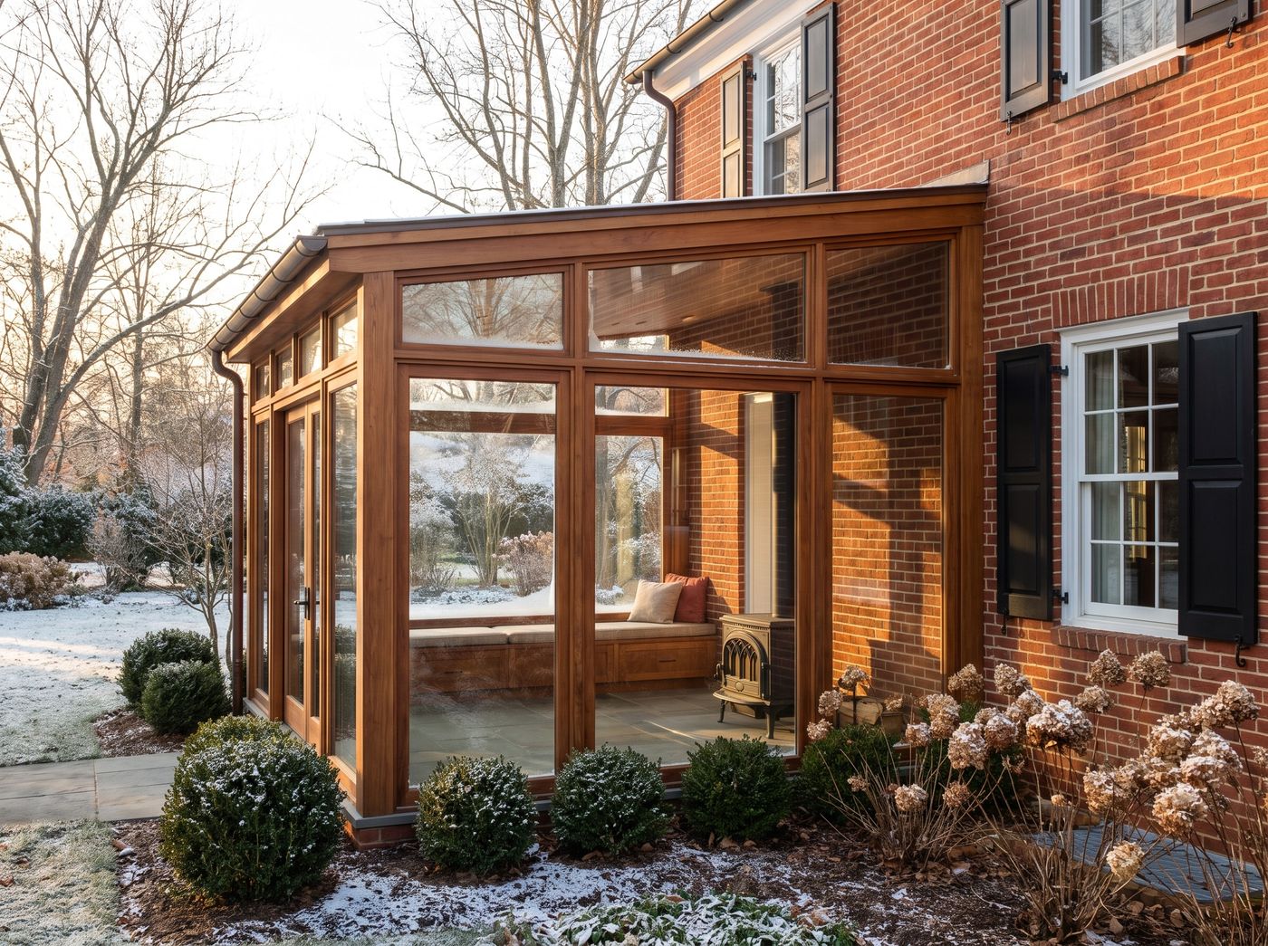 Timber Sunroom Addition with Wood Stove