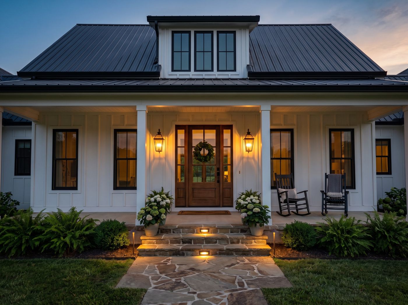 White Farmhouse Porch with Rocking Chairs