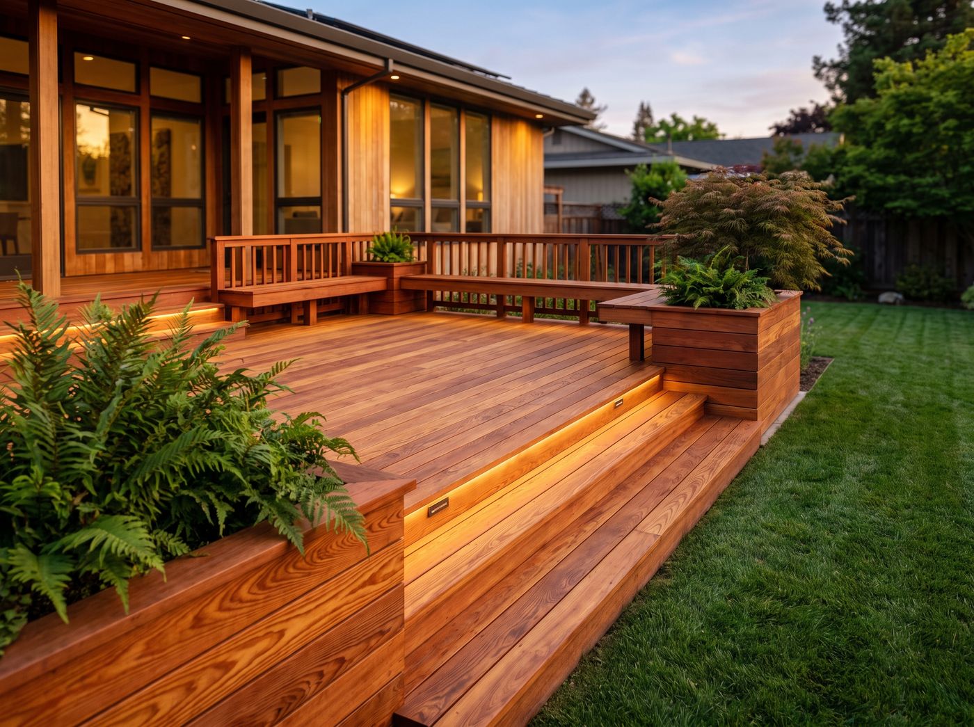 Multi-Level Redwood Entertaining Deck