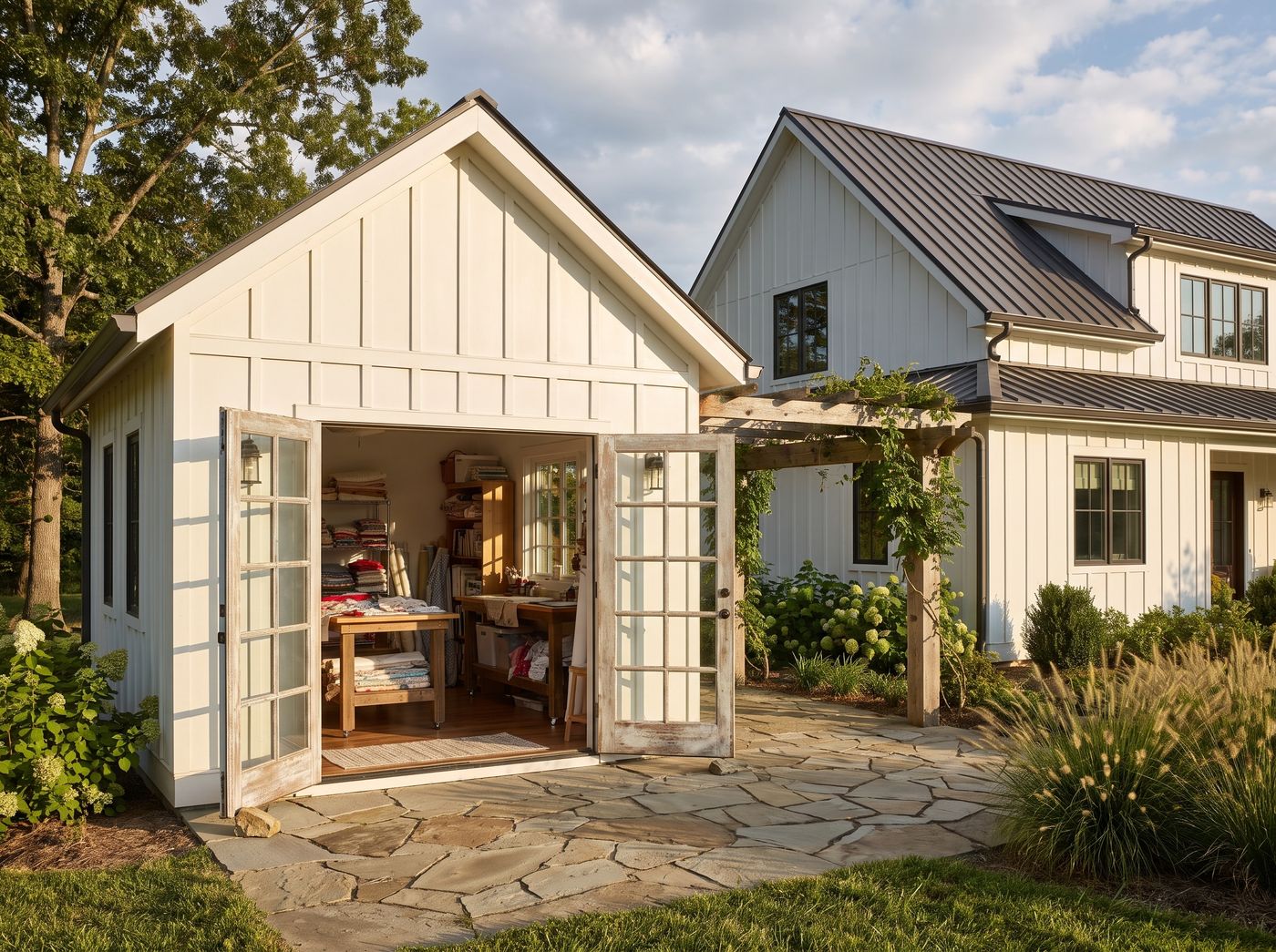 Board-and-Batten She Shed with French Doors