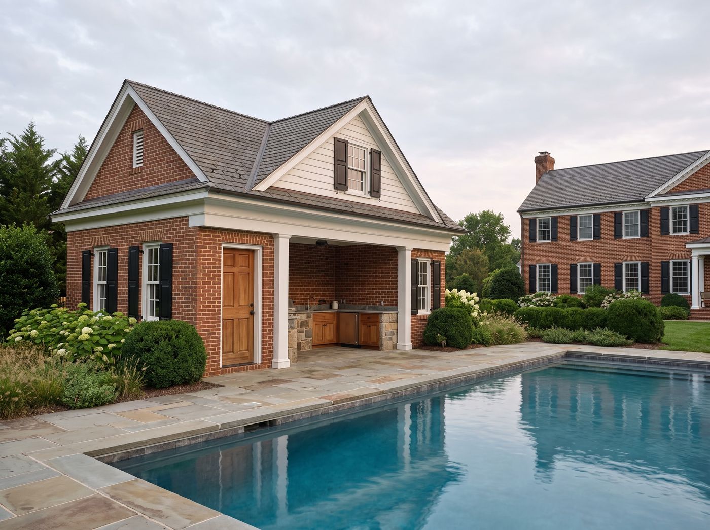 Brick Pool House with Outdoor Kitchenette
