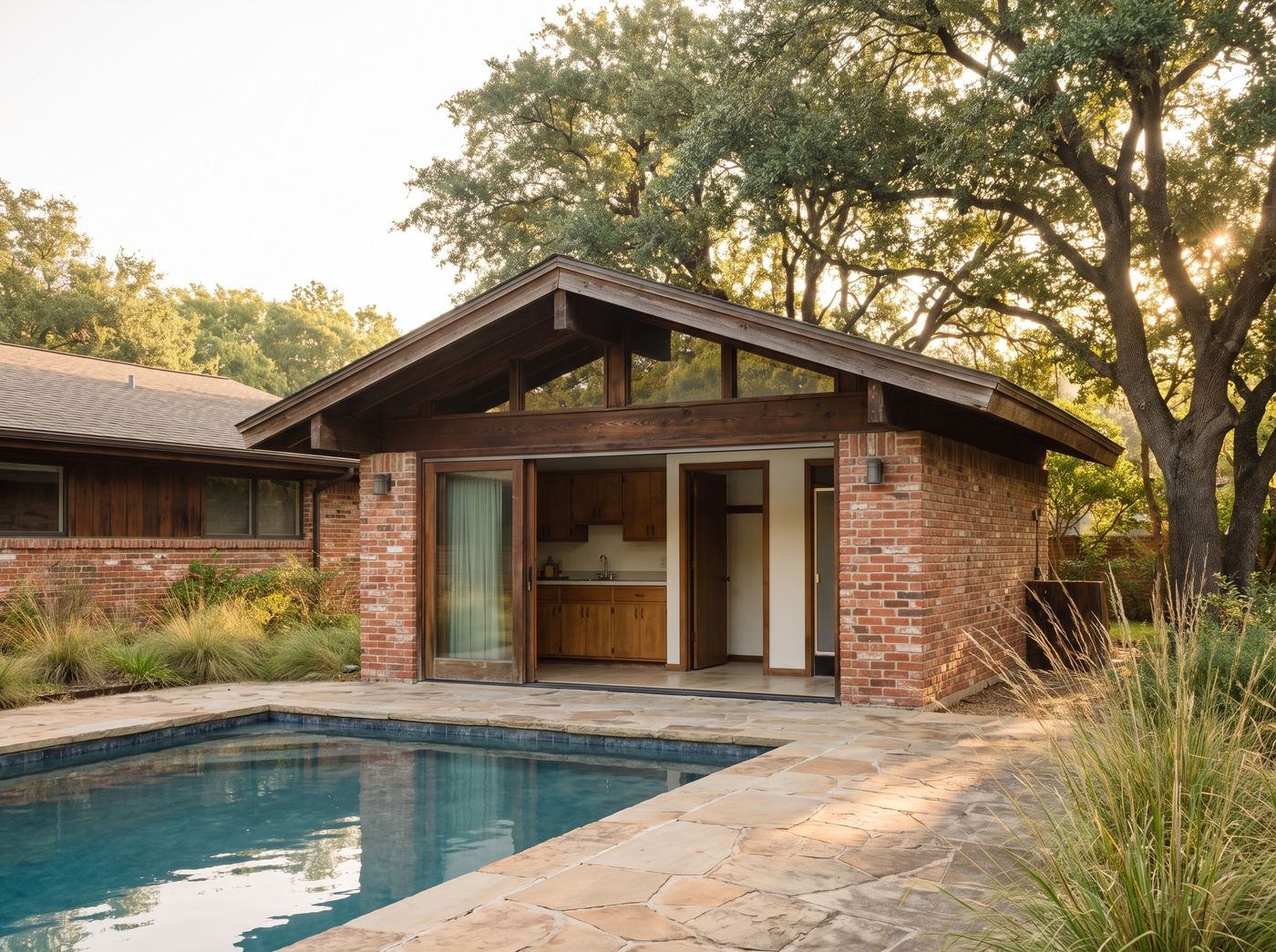 Brick Pool House with Timber Gable