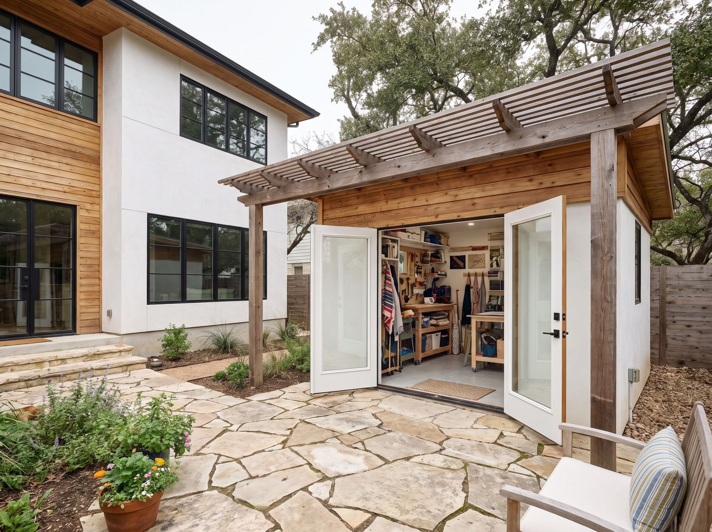 Detached Craft Room with Slatted Pergola