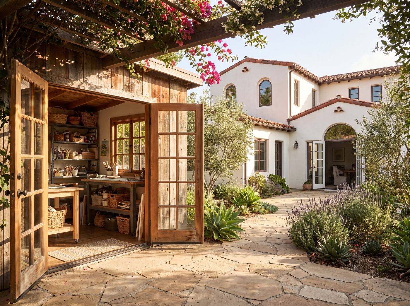 Rustic She Shed Beside Flagstone Patio
