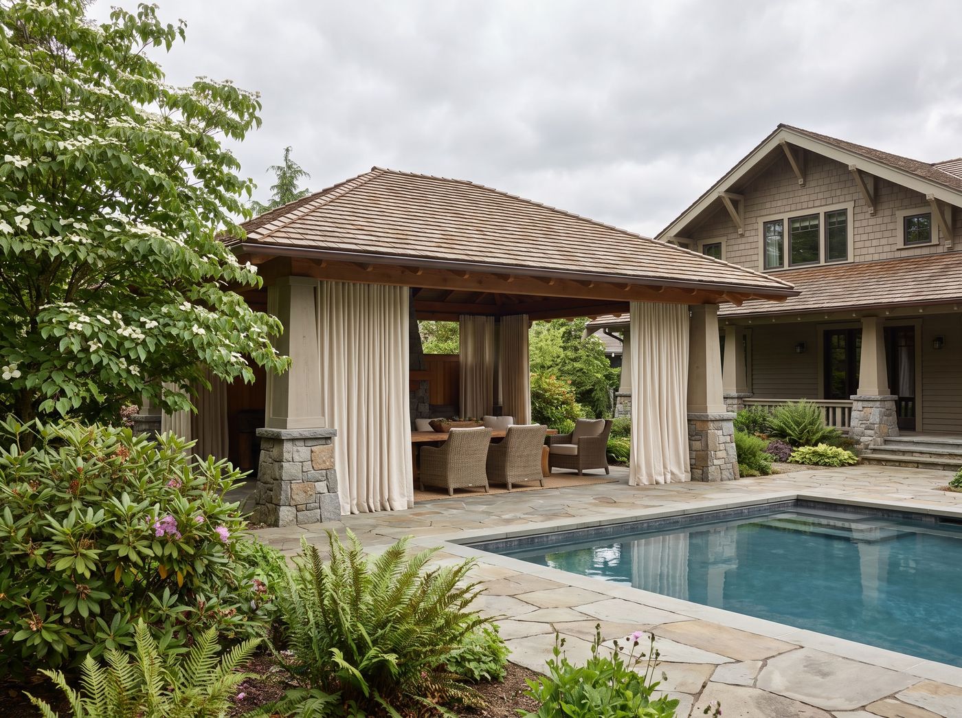 Shingle-Roofed Cabana with Full-Length Curtains