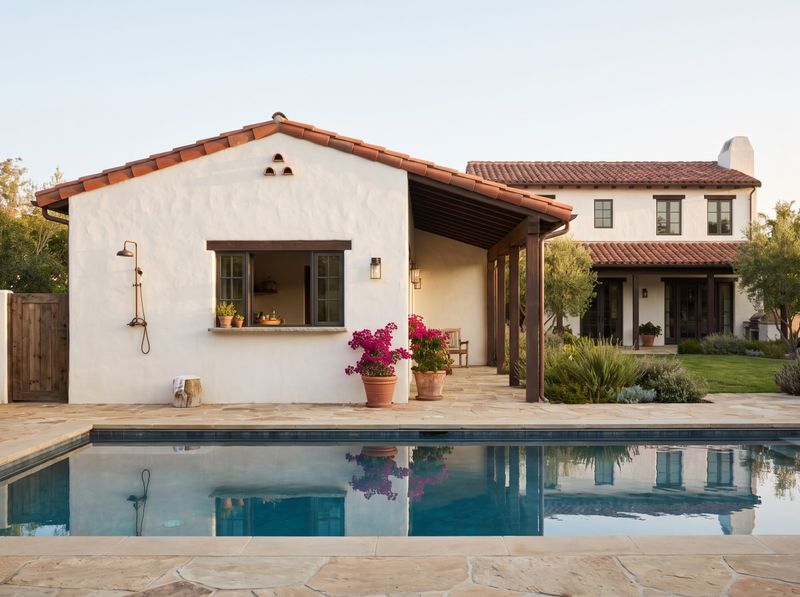 Stucco Pool House with Outdoor Shower
