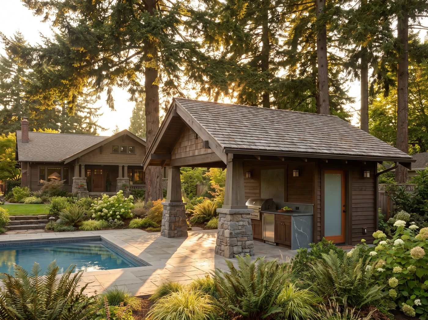 Timber Pool House with Stone Pillars