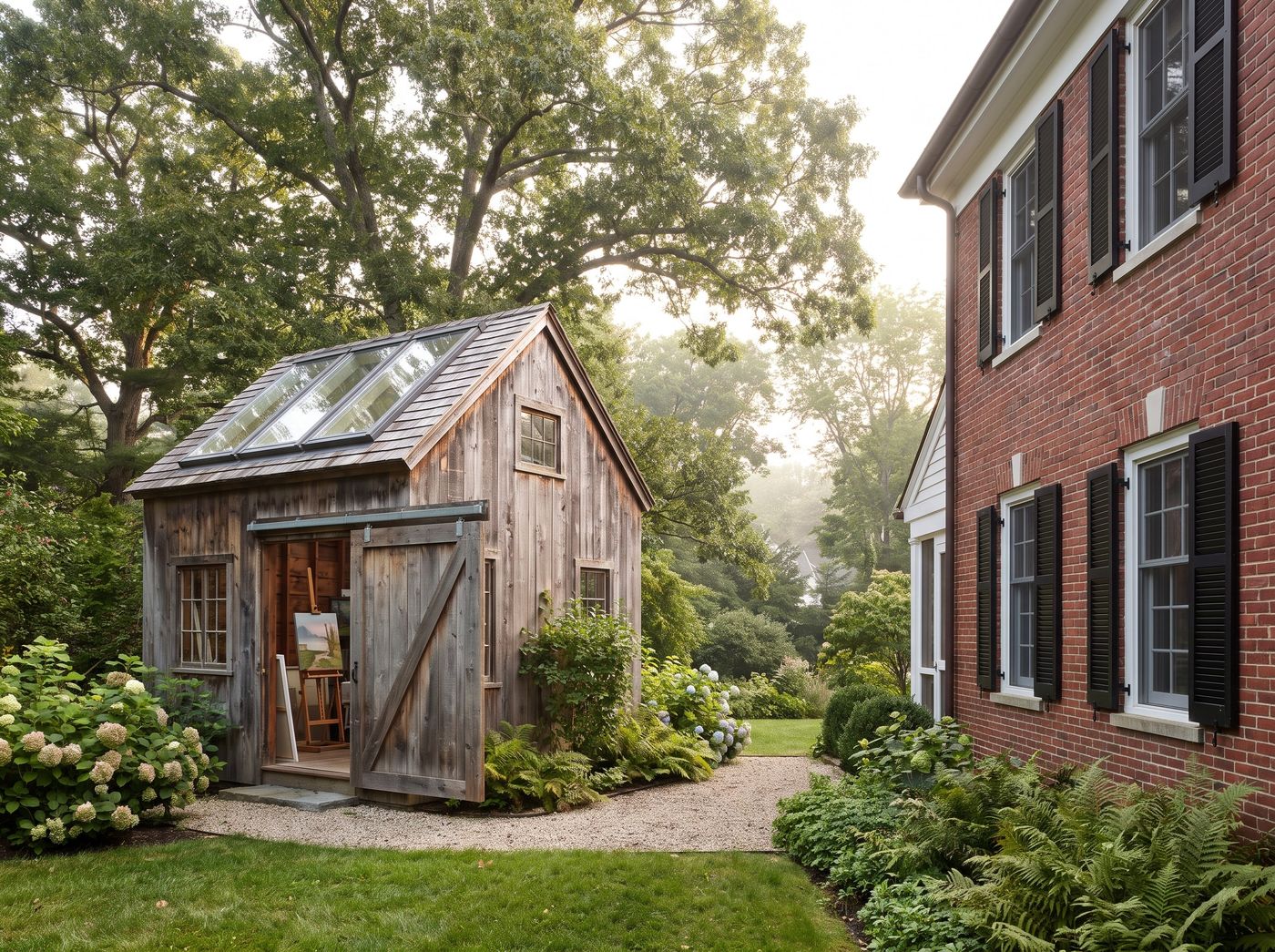 Weathered Wood Art Studio with Skylights