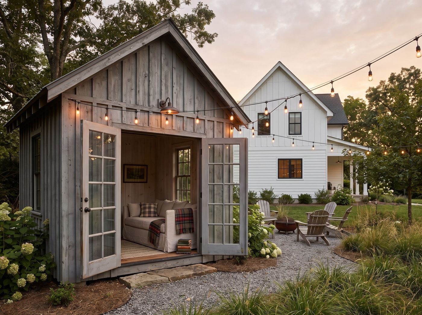 Weathered Wood She Shed with French Doors