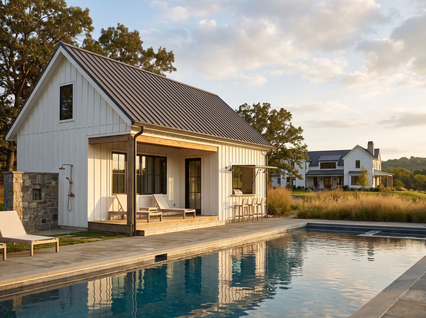 White Pool House with Pass-Through Bar