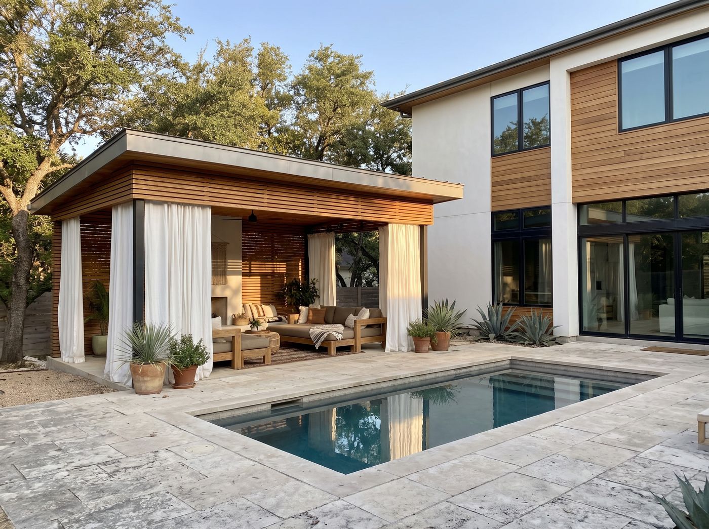 Wood-Slatted Cabana with White Curtains