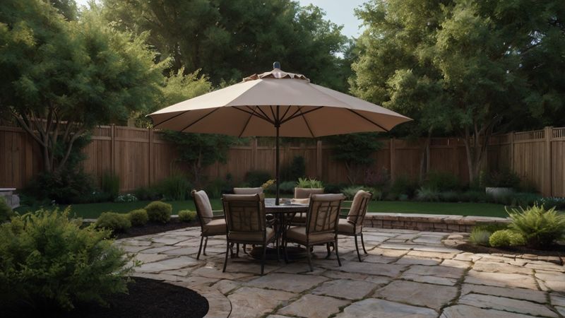 Tan Umbrella over Garden Dining Set